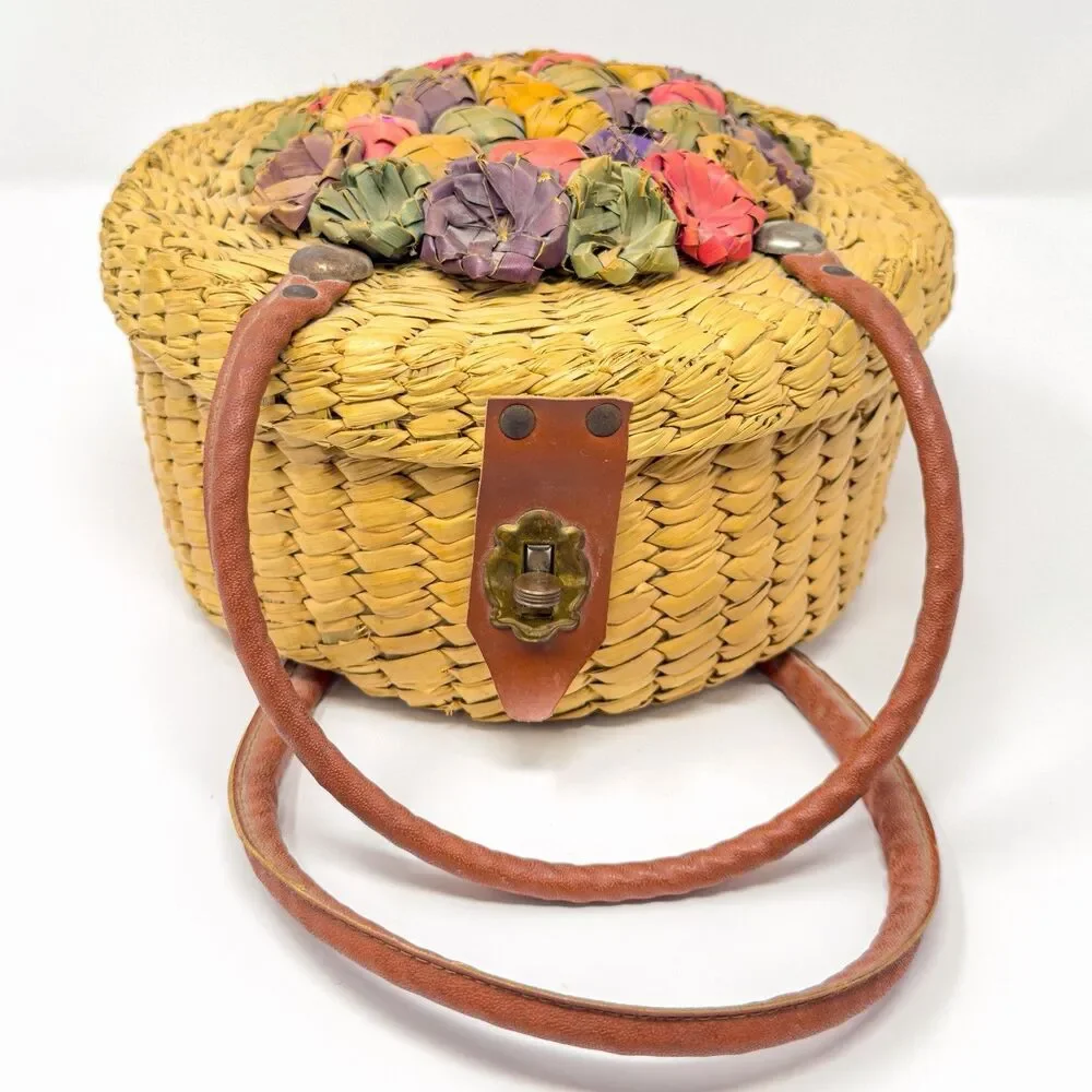 Vintage Woven Straw Sewing Basket Floral Lid Leather Handle Round Boho Bag